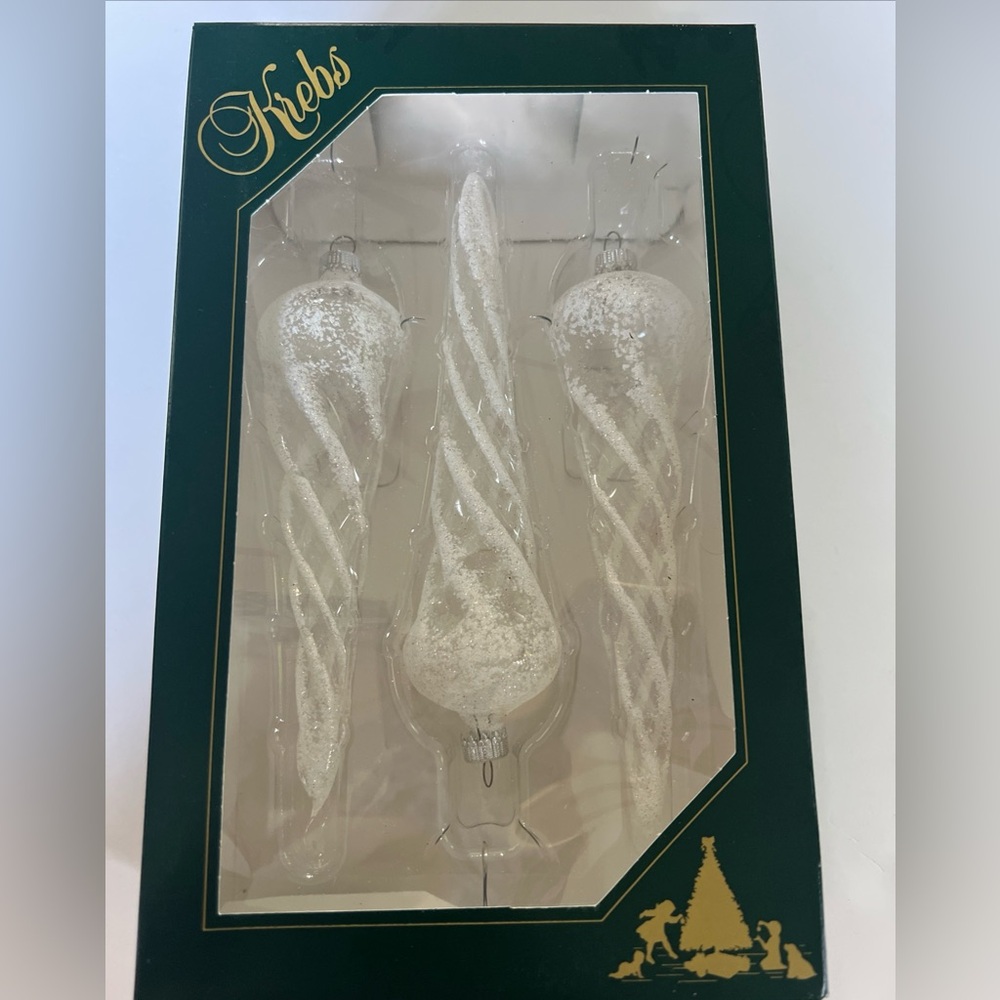 Krebs Clear Twisted Icicle With White Glitter Ornaments